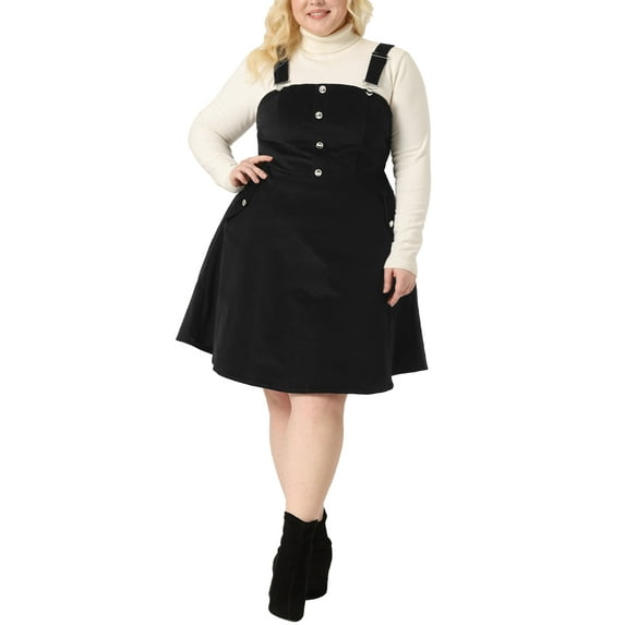 Agnes Orinda Women's Plus Size Corduroy Pinafore Short Dress Overall Dresses Suspender Skirt with Pocket 1X Black