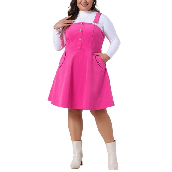 Agnes Orinda Women's Plus Size Corduroy Pinafore Short Dress Overall Dresses Suspender Skirt with Pocket 1X Hot Pink