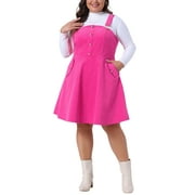 AGNES ORINDA Women's Plus Size Corduroy Pinafore Short Dress Overall Dresses Suspender Skirt with Pocket 2X Hot Pink