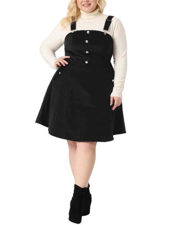 Women's Plus Size Halloween Outfits Corduroy Pinafore Short Dress Overall Dresses Suspender Skirt with Pocket 4X Black
