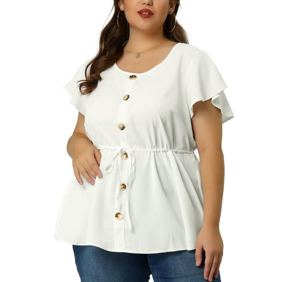 Agnes Orinda Women's Plus Size Blouse Button Decor Drawstring Elastic Back Bell Sleeve Summer Tops 2X White