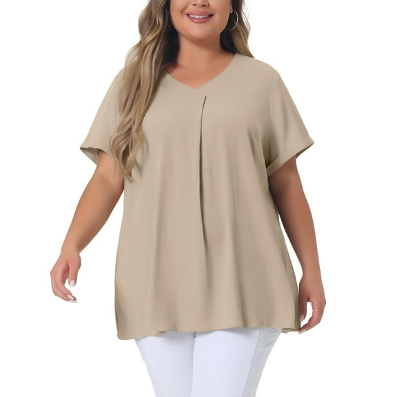 Agnes Orinda Women's Plus Blouse Casual V Neck Short Sleeve Chambray Tops