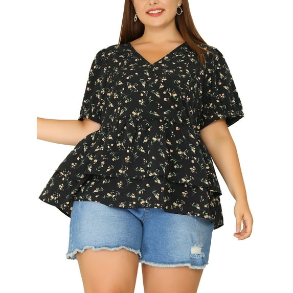 Agnes Orinda Women's Plus Blouse Floral Layered Flare Hem Casual Peplum Tops