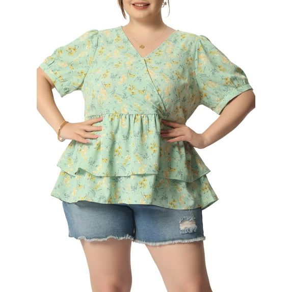 Agnes Orinda Women's Plus Blouse Floral Layered Flare Hem Casual Peplum Tops