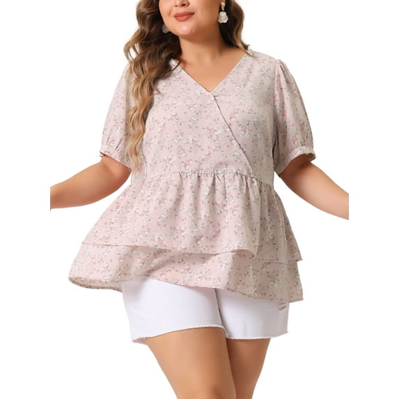 Agnes Orinda Women's Plus Blouse Floral Layered Flare Hem Casual Peplum Tops