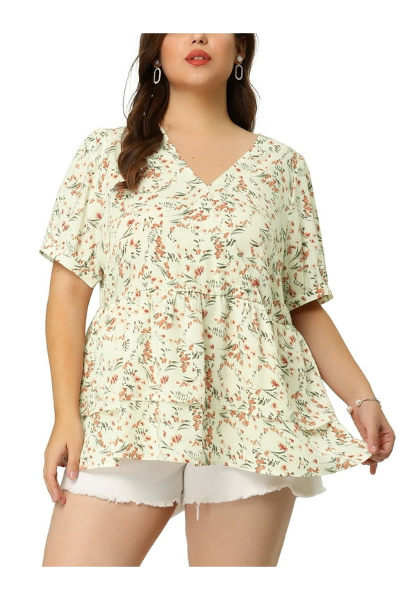Women's Plus Blouse Floral Layered Flare Hem Casual Peplum Tops
