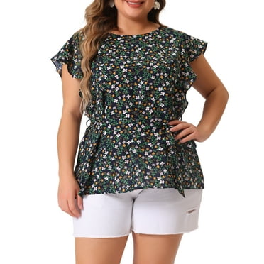 Agnes Orinda Women's Plus Blouses Round Neck Floral Tie Waist Short Flare Sleeve Tops 2X Black