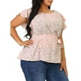 thumbnail image 1 of Agnes Orinda Women's Plus Blouses Round Neck Floral Tie Waist Short Flare Sleeve Tops 2X Pink, 1 of 8