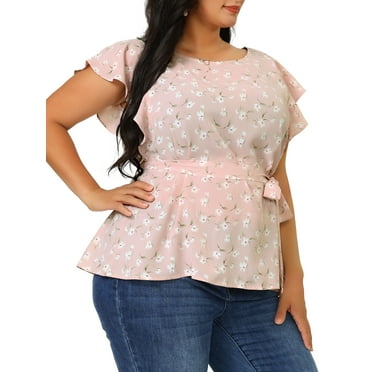 Agnes Orinda Women's Plus Blouses Round Neck Floral Tie Waist Short Flare Sleeve Tops 2X Pink