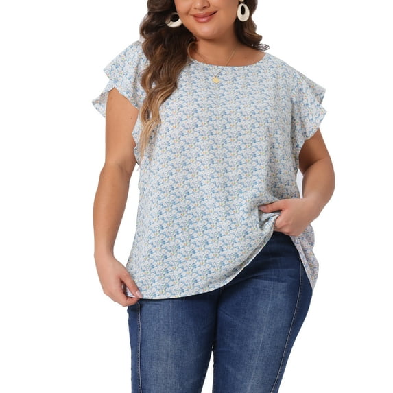 Agnes Orinda Women's Plus Blouses Round Neck Floral Tie Waist Short Flare Sleeve Tops 4X Blue