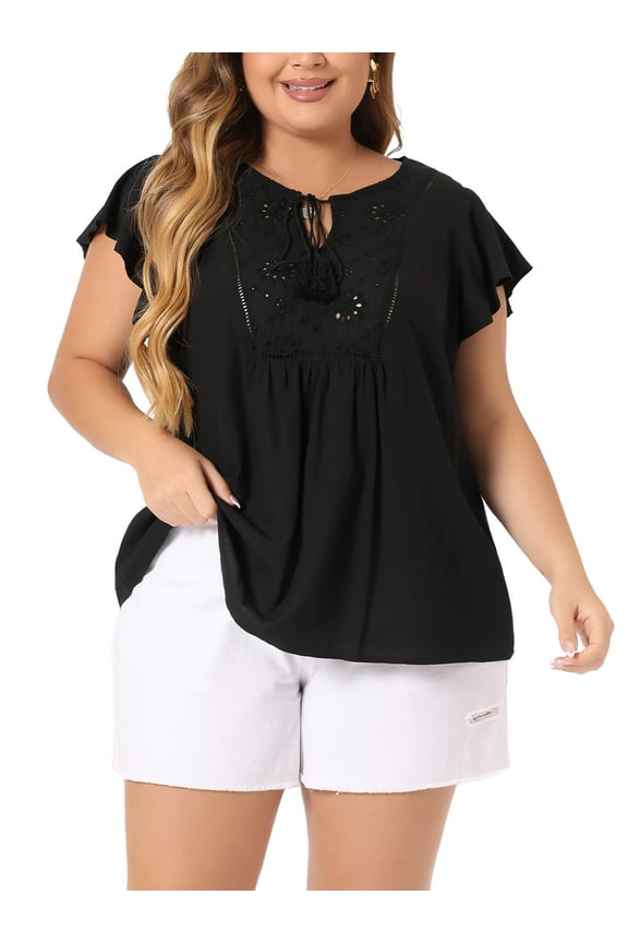 Women's Plus Blouses Ruffle Tassel Sleeve Lace Trim Tie Neck Peasant Tops