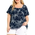 thumbnail image 1 of Agnes Orinda Women's Plus Size Boho Blouses Floral Square Neck Short Sleeves Tassel Hem Casual Summer Tops 1X Navy Blue, 1 of 7