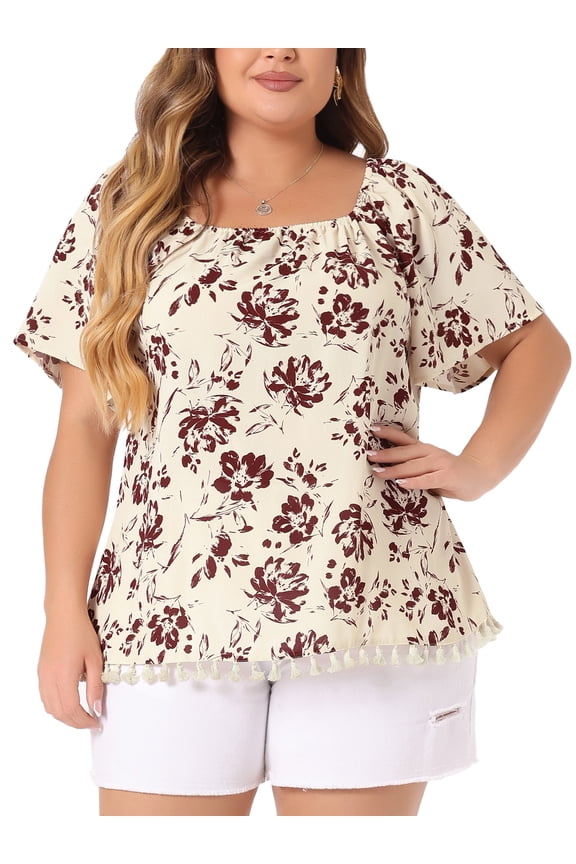 Women's Plus Size Boho Blouses Floral Square Neck Short Sleeves Tassel Hem Casual Summer Tops 2X Beige
