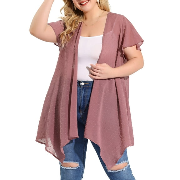 Agnes Orinda Women's Plus Cardigans Flare Sleeve High Low Elegant Swiss Dots Cardigan 1X Purple