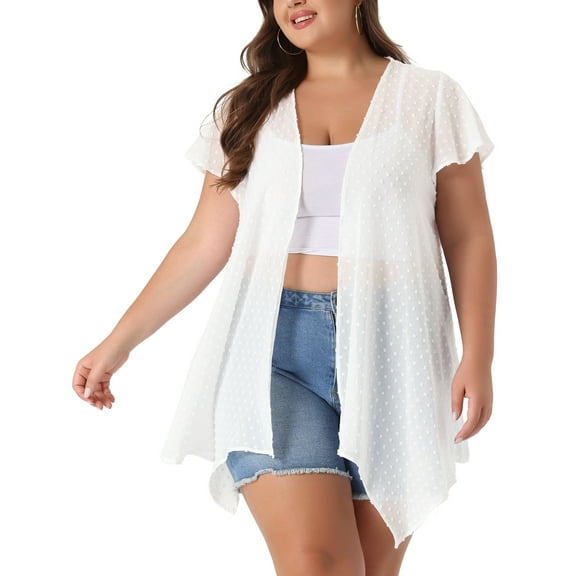 Agnes Orinda Women's Plus Cardigans Flare Sleeve High Low Elegant Swiss Dots Cardigan 2X White