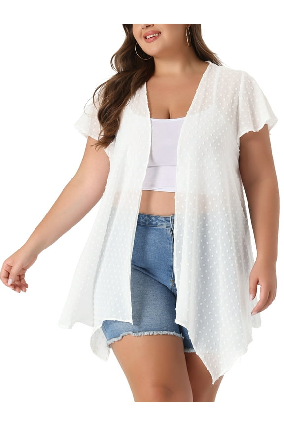 Women's Plus Cardigans Flare Sleeve High Low Elegant Swiss Dots Cardigan 4X White