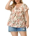 thumbnail image 1 of Agnes Orinda Women's Plus Chiffon Tie Neck Tassel Lace Insert Flare Sleeve Floral Tops 1X Apricot, 1 of 8