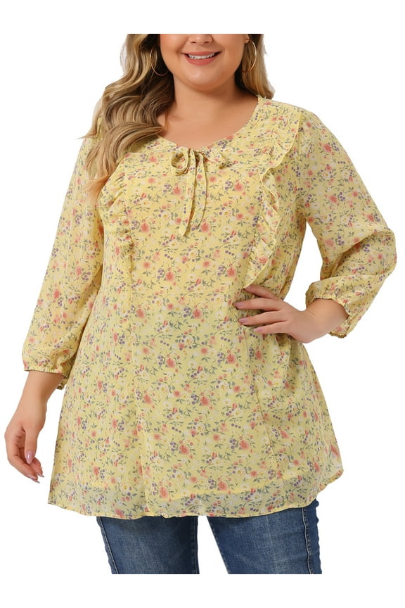 Women's Plus Chiffon Top Short Sleeve Floral Tie Neck Tops 1X Yellow