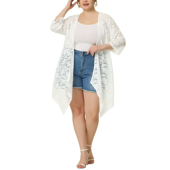 Agnes Orinda Women's Plus Size  Lace Crochet Draped Shawls Lightweight Open Front Cover-Ups Casual Cardigans 4X White