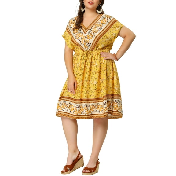 Agnes Orinda Women's Plus Size Boho Dress Floral V Neck Drop Shoulder Drawstring Waist Beach Dresses 2X Yellow