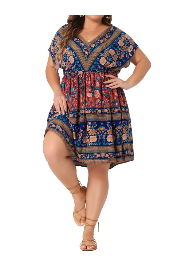 Women's Plus Size Easter Boho Dress Floral V Neck Drop Shoulder Drawstring Waist Beach Dresses 4X Royal Blue