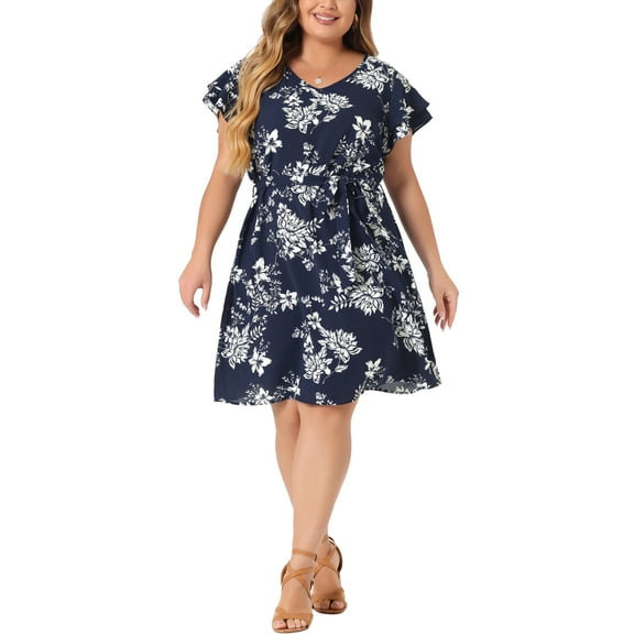 Agnes Orinda Women's Plus Dress Floral Tie Waist Layered Sleeve V Neck Summer Dresses 4X Navy Blue