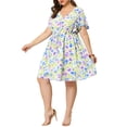 thumbnail image 1 of Agnes Orinda Women's Plus Dresses Floral Drawstring Waist V Neck Dress 3X White, 1 of 7