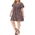 thumbnail image 1 of Agnes Orinda Women's Plus Dresses Floral Drawstring Waist V Neck Dress 1X Black Red, 1 of 5