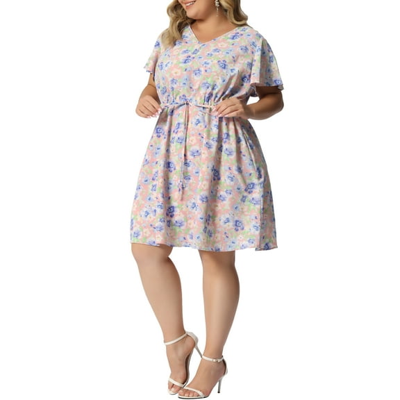 Agnes Orinda Women's Plus Dresses Floral Drawstring Waist V Neck Dress 3X Pink