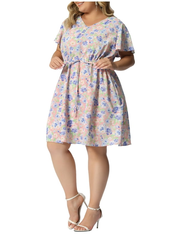 Women's Plus Dresses Floral Drawstring Waist V Neck Dress 3X Pink