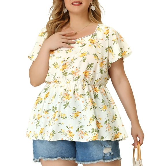 Agnes Orinda Women's Plus Floral Blouse Flare Sleeve Sweetheart Neck Elastic Waist Peplum Top