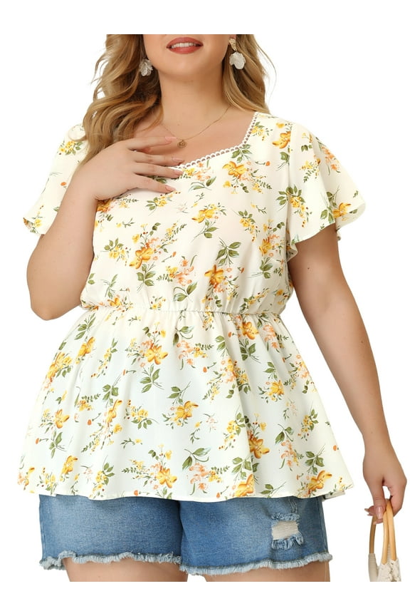 Women's Plus Floral Blouse Flare Sleeve Sweetheart Neck Elastic Waist Peplum Top