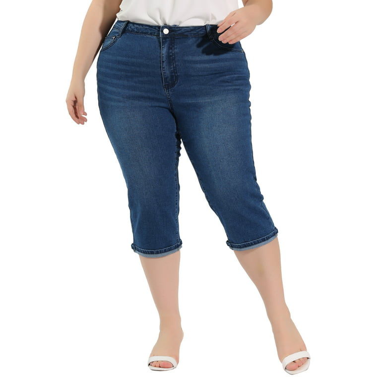 Agnes Orinda Women's Plus Jeans Zipper Back Yoke Stretch Roll Up Cuff Denim  Pants 