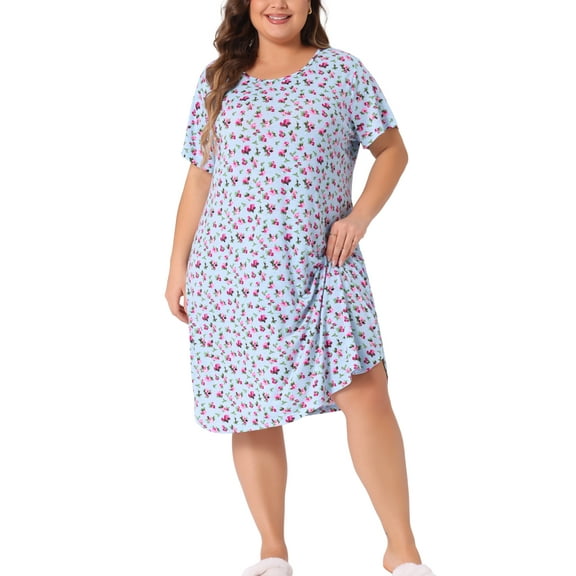 Agnes Orinda Women's Plus Nightgown Short Sleeve Round Neck Soft Stretchy Pajama Dress 4X Light Blue