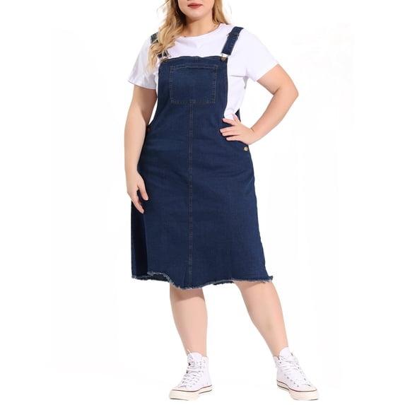 Agnes Orinda Women's Plus Size Mother's Day Easter Overall Dresses Sleeveless Frayed Adjustable Strap Irregular Hem Denim Dress 1X Navy Blue