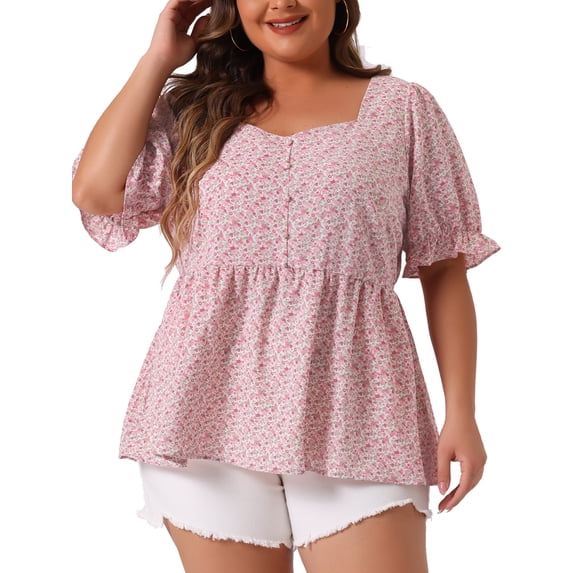Agnes Orinda Women's Plus Size Babydoll Blouses Peplum Ruffle Short Sleeve Casual Tops 2X Pink