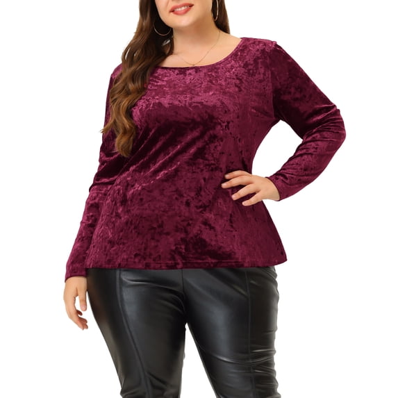 Agnes Orinda Women's Plus SIze Top Crew Neck Long Sleeves Fashion Velvet Blouse 3X Red