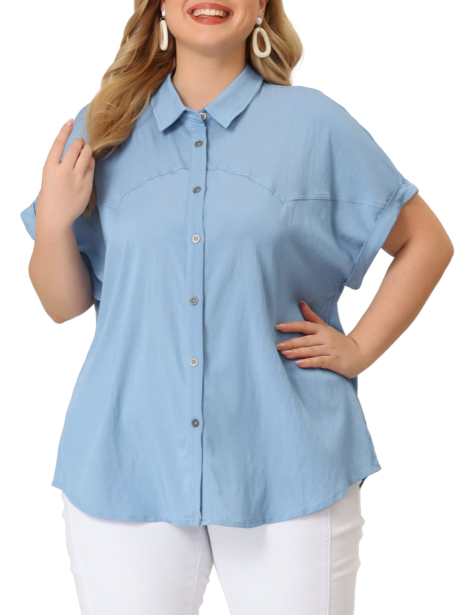 Plus Size Chambray Shirt for Women Denim Western Shirts Short