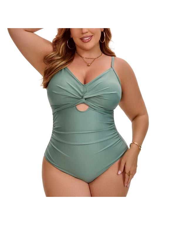 Women's Plus Size 1 Piece Bikini Tummy Control Cutout Push Up High Waisted Shirring Beach Bathing Suit Swimwear 1X Army Green