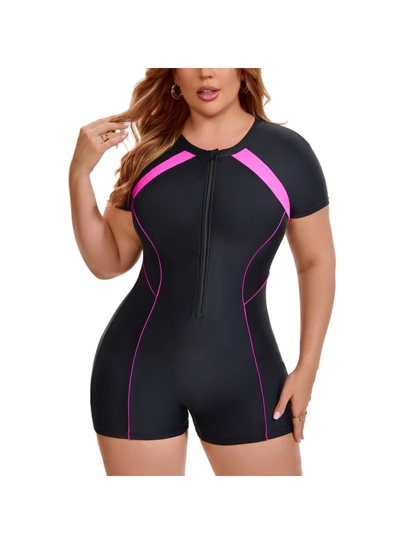 Women's Plus Size 1 Piece Surfing Swimwear Boyleg Guard Short Sleeve Half Zipper Beach Beach Vacation Swimsuit 3X Black Fuchsia
