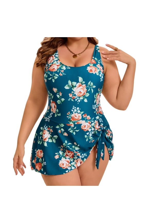 Women's Plus Size 1 Piece Swimdress Floral Tummy Control Push Up Tie Knot Beach Bathing Suit with Built-In Shorts 3X Green