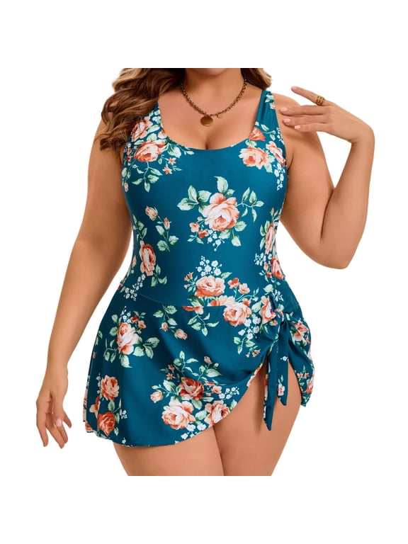 Women's Plus Size 1 Piece Swimdress Floral Push Up Beach Bathing Suit with Built-In Shorts 3X Green