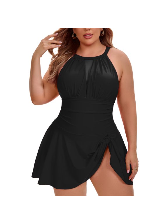 Women's Plus Size 1 Piece Swimsuit Halter Mesh Sheer Tie Knot Tummy Control Push Up Beach Vacation Bathing Suit 3X Black
