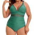 thumbnail image 1 of GRACE & GRANDEUR Women's Plus Size 1 Piece Swimsuit Mesh V Neck Tummy Control Push Up High Waisted Bathing Suit Beach Summer Swimwear Set 1X Dark Green, 1 of 8