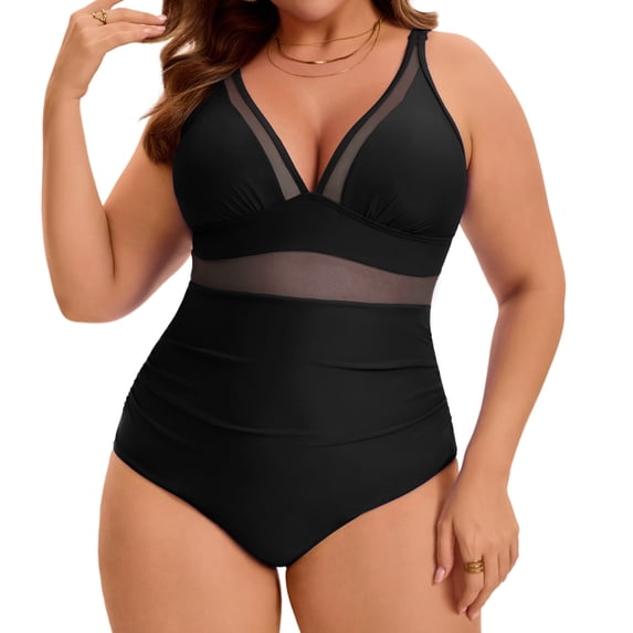 GRACE & GRANDEUR Women's Plus Size 1 Piece Swimsuit Mesh V Neck Tummy Control Push Up High Waisted Bathing Suit Beach Summer Swimwear Set 3X Black