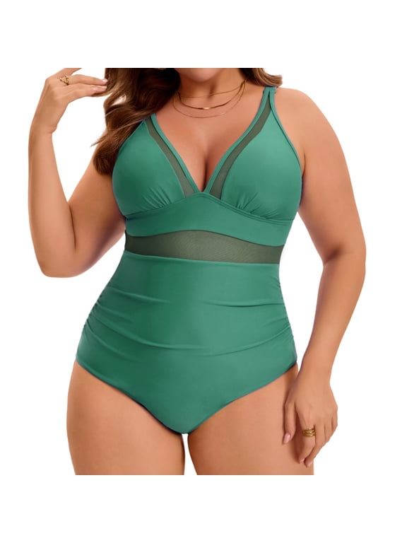 Women's Plus Size 1 Piece Swimsuit Mesh V-Neck Tummy Control Adjustable Straps High Waisted Bathing Suit for Beach & Pool 3X Dark Green