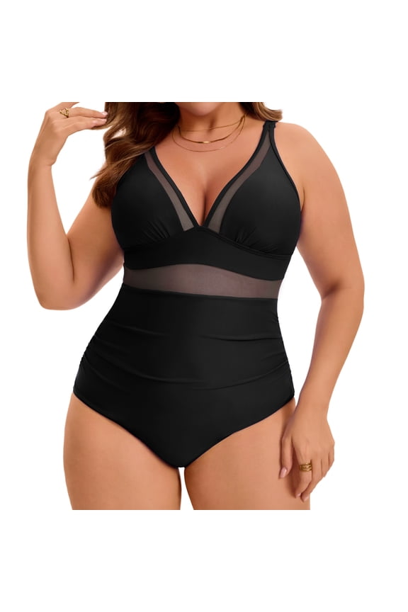 Women's Plus Size 1 Piece Swimsuit Mesh V Neck Tummy Control Push Up High Waisted Bathing Suit Beach Summer Swimwear Set 4X Black