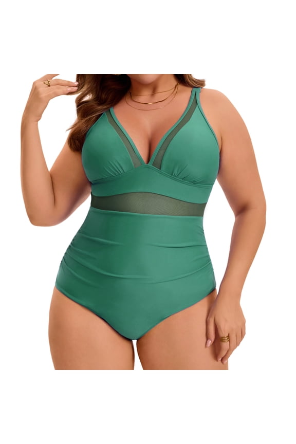 Women's Plus Size 1 Piece Swimsuit Mesh V Neck Tummy Control Push Up High Waisted Bathing Suit Beach Summer Swimwear Set 4X Dark Green