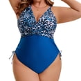 thumbnail image 1 of Agnes Orinda Women's Plus Size 1 Piece Swimsuit V Neck Leopard Print Bathing Suit with Tummy Control Twist Front Ruched Swimming Suit with Removable Pads 4X Blue, 1 of 8