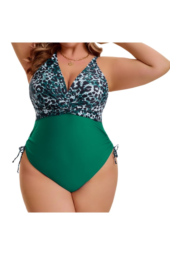 Women's Plus Size 1 Piece Swimsuit Push Up Tummy Control Bathing Suits V Neck Leopard Print Adjustable Swimwear 4X Green